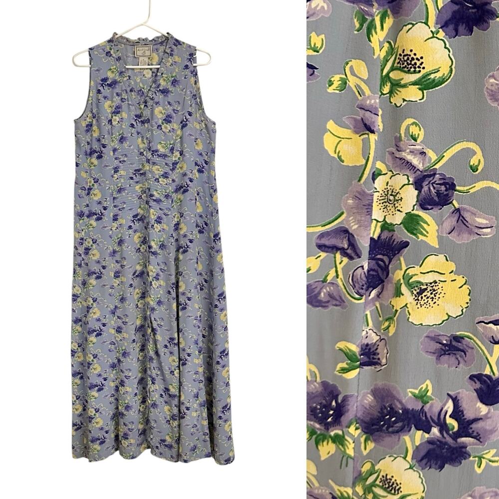 Vintage 90s April Cornell Button Front Maxi Dress Medium Purple Floral Cottage